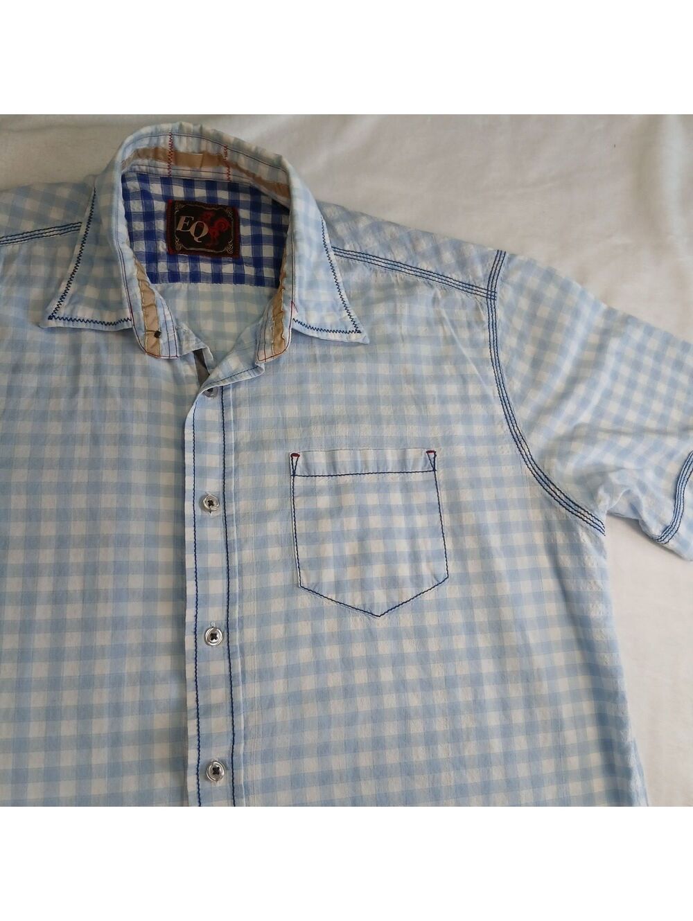 EQ ROOSTER Men’s Shirt XL Blue White Gingham Check Short Sleeve Cotton Preppy